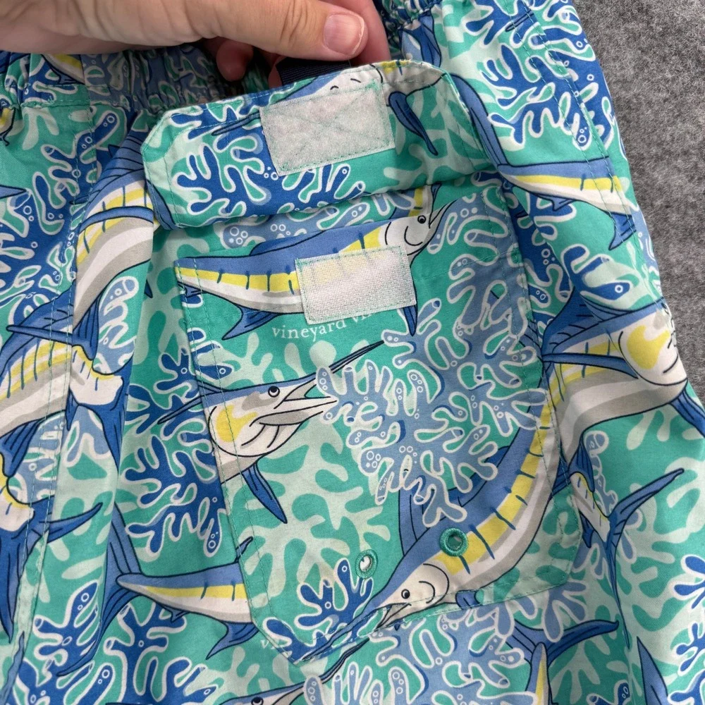 Vineyard Vines Swim Trunks Mens Small Marlin Coral Blue Green Board‎ Shorts